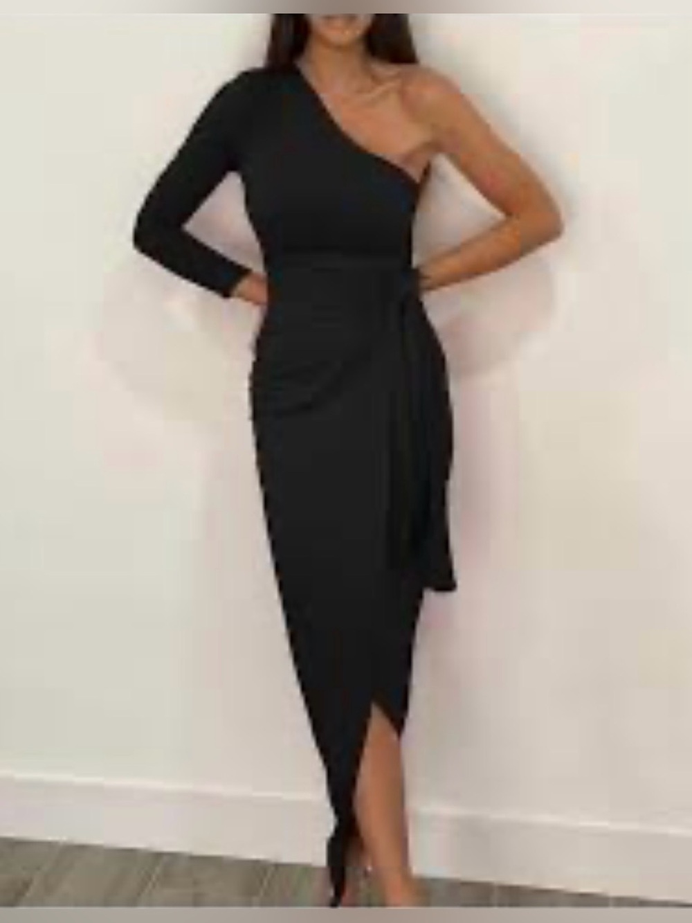 Asymmetric One-Shoulder Black Midi Dress with Side Drape
